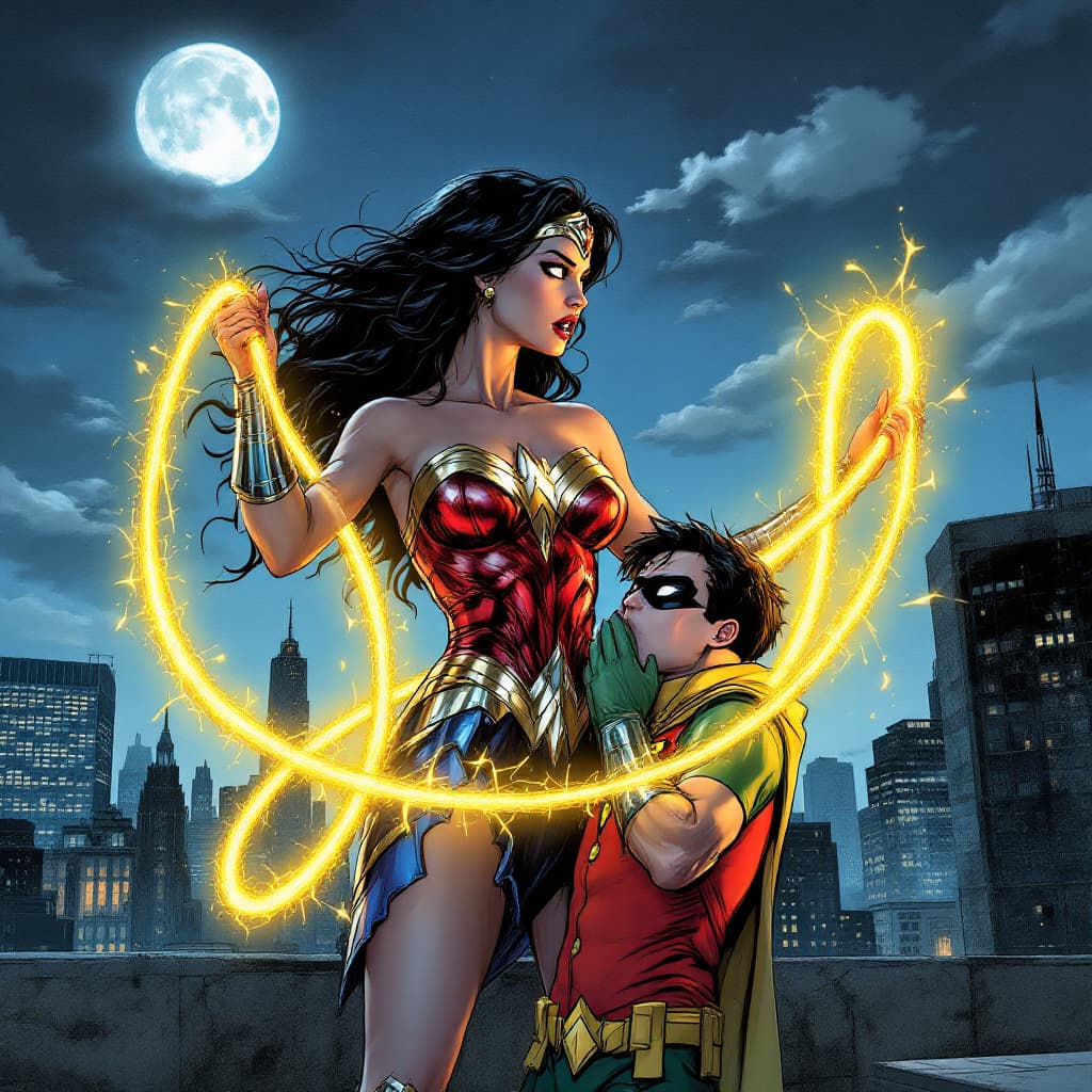 AI generated: Wonder Woman stands tall, her golden lasso glowing brightly as it coils tightly around Robin. The la...