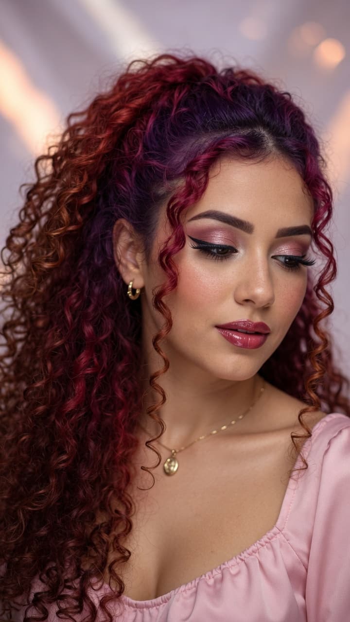 AI generated: Ultra-realistic fashion magazine photograph of a beautiful woman with voluminous long curly hair in ...