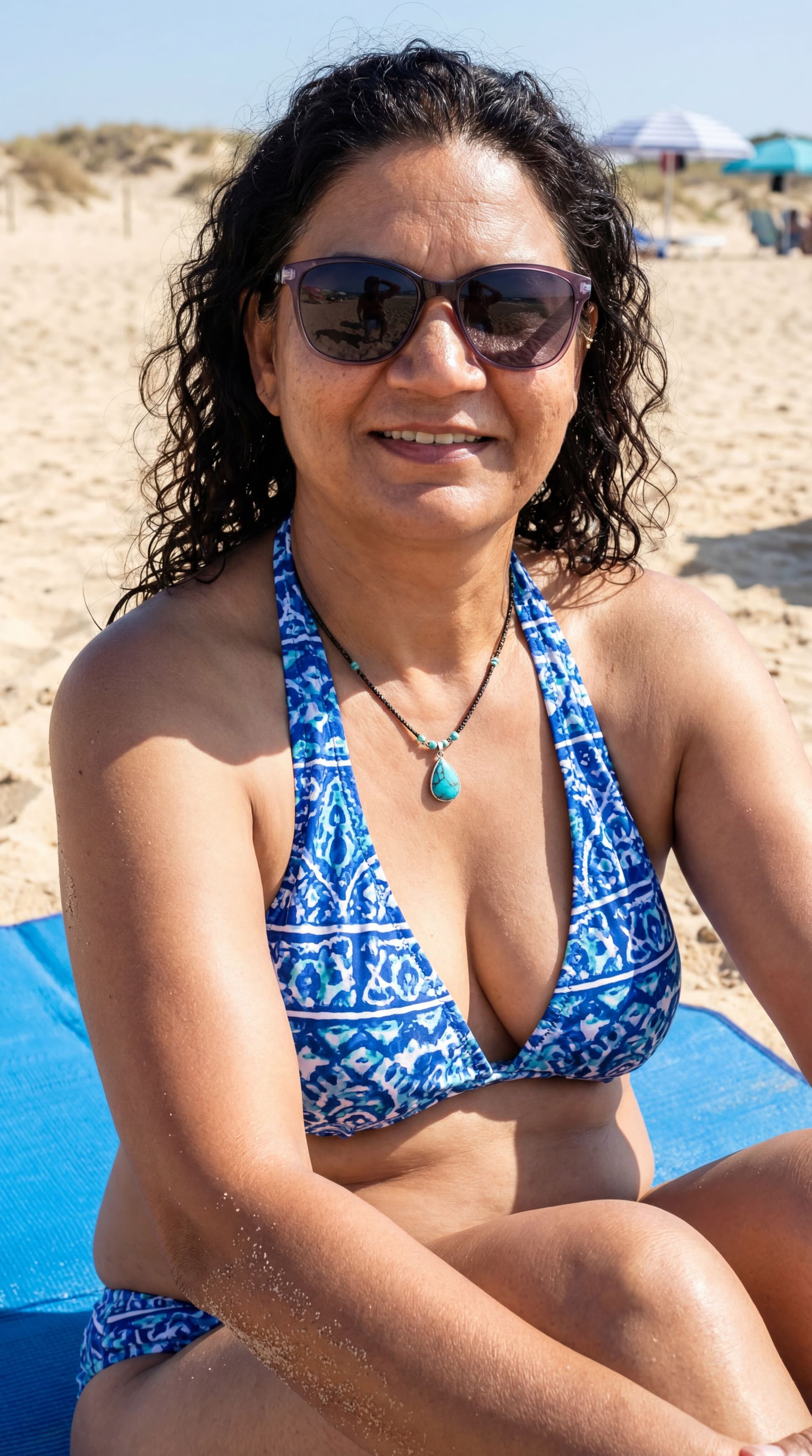 AI generated: Photorealistic ultra-high-resolution single-frame full-color image of an adult woman seated on a san...