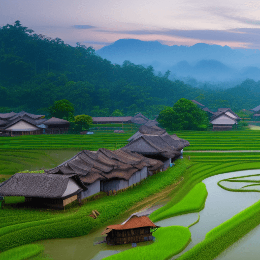 AI generated: The atmosphere of the village in the olden days, many wooden houses, the time of the Malacca Kingdom...