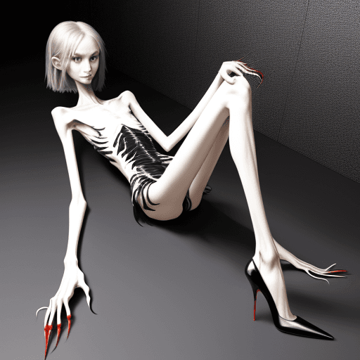 AI generated: lying position of extreme skinny slender girl very skinny slender girl, with long curved claws, skin...