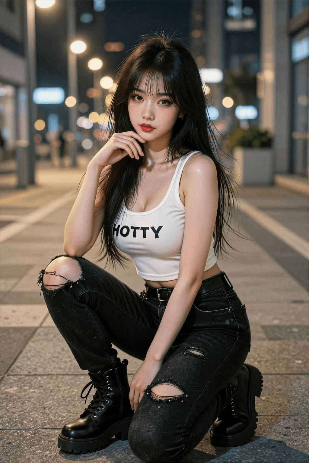 AI generated: The image is a high-quality, photorealistic outdoor portrait of a stylish young Asian woman, capturi...