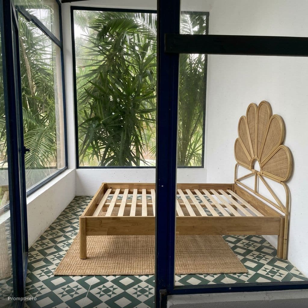 AI generated: add this bed to the room with the headboard on the right white wall. Keep the rest of the room and i...