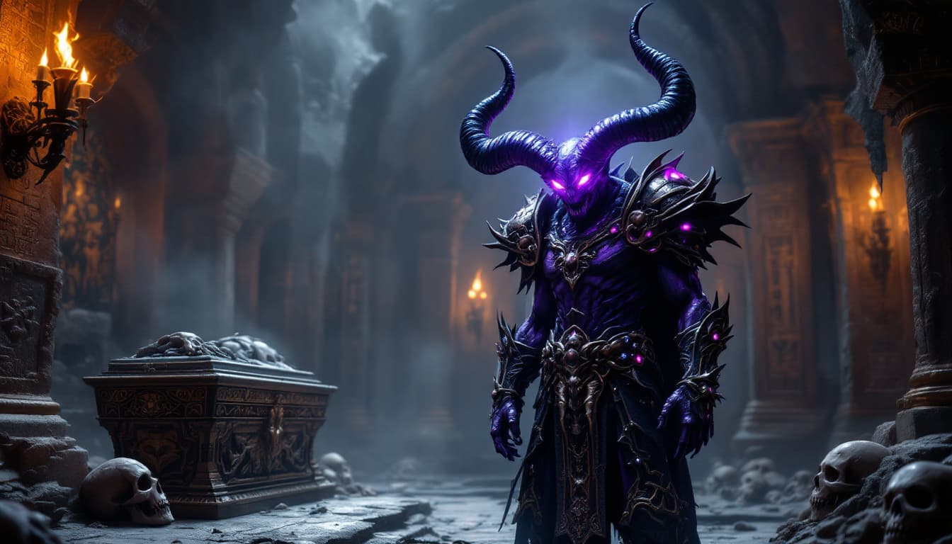 AI generated: In a shadowy crypt, a menacing demon stands, its purple skin glowing faintly under the flickering to...