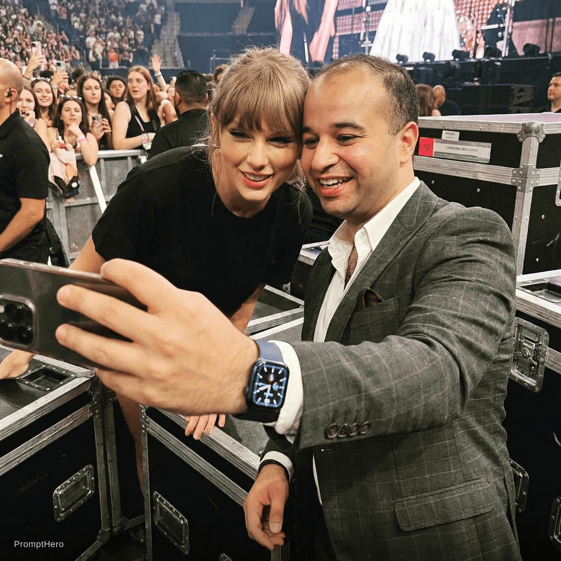 AI generated: with Taylor Swift backstage at a concert, excited fans vibe
