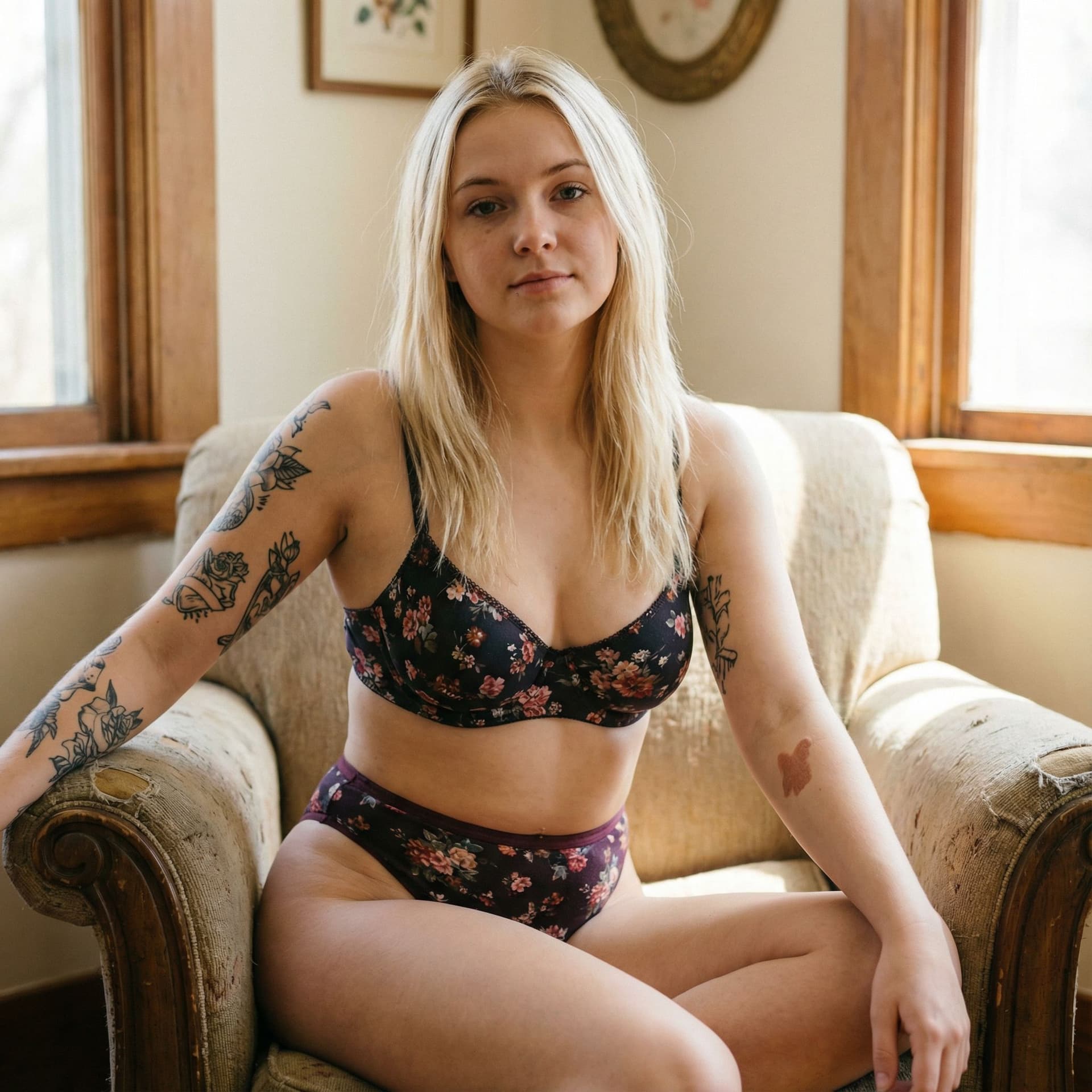 AI generated: Color picture of an 18 year old blonde with tattoos and a birth mark in a bra and underwear 