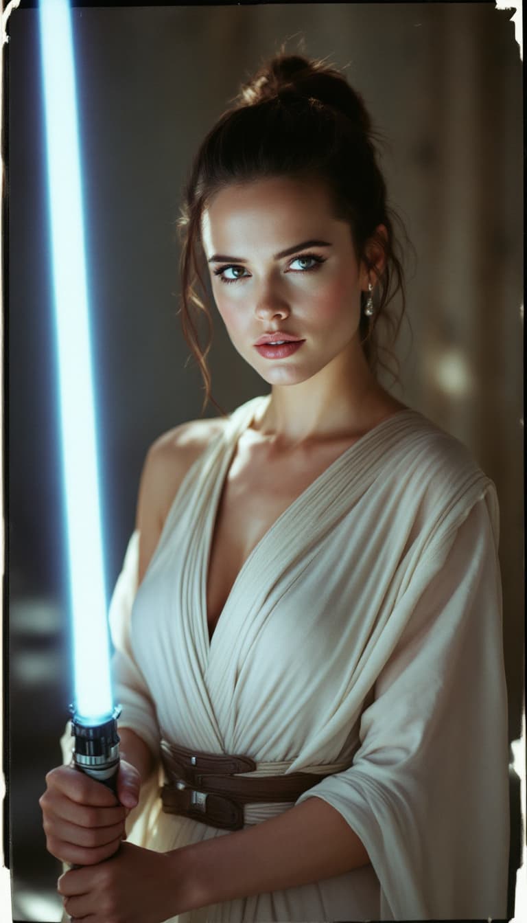 AI generated: Hayley Atwell, natural lighting, epic shot on a Polaroid camera , wearing Rey's white dress from Sta...