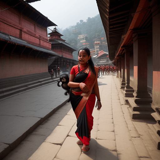 AI generated: A typical newari lady going to pashupatinath temple, too much crowd, lady wearing black saree with r...