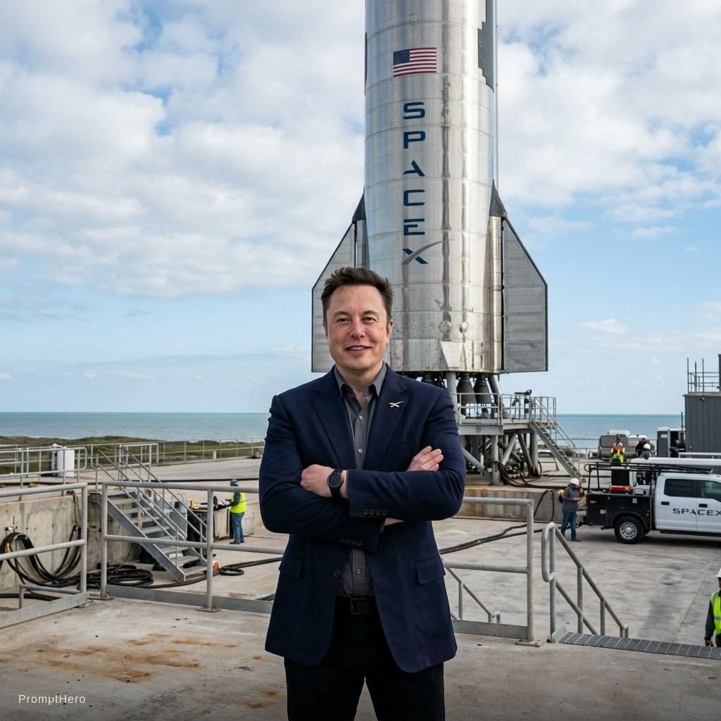 AI generated: with Elon Musk in front of a SpaceX rocket, professional setting