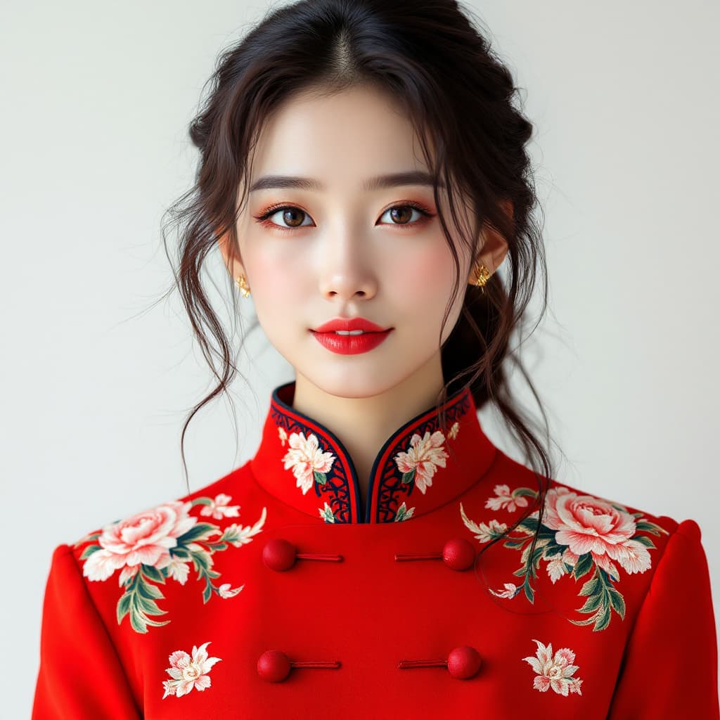 AI generated: High resolution photography of full woman wear red jacket in modern Chinese style, on the two should...