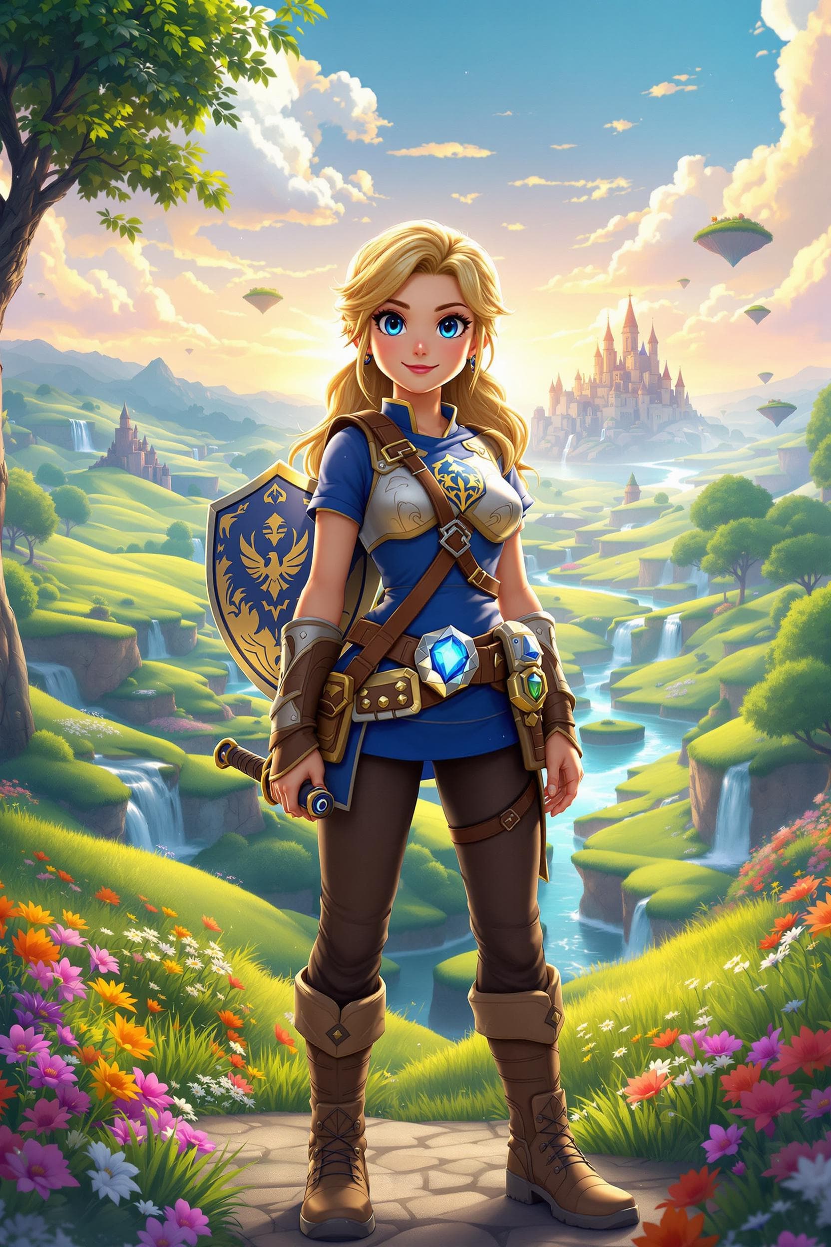 AI generated: Character Design: The heroine stands confidently in the foreground, embodying the vibrant and whimsi...