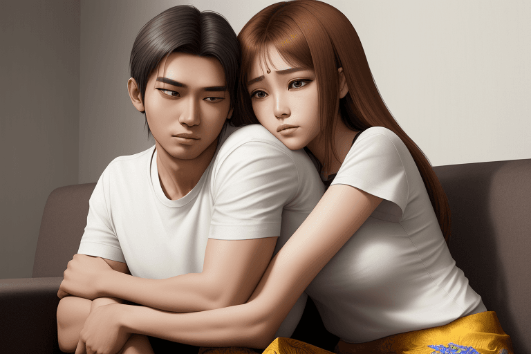 AI generated: a woman lay down on couch, head on arm rest, she wear white tshirt and kain batik skirt, a man wear ...