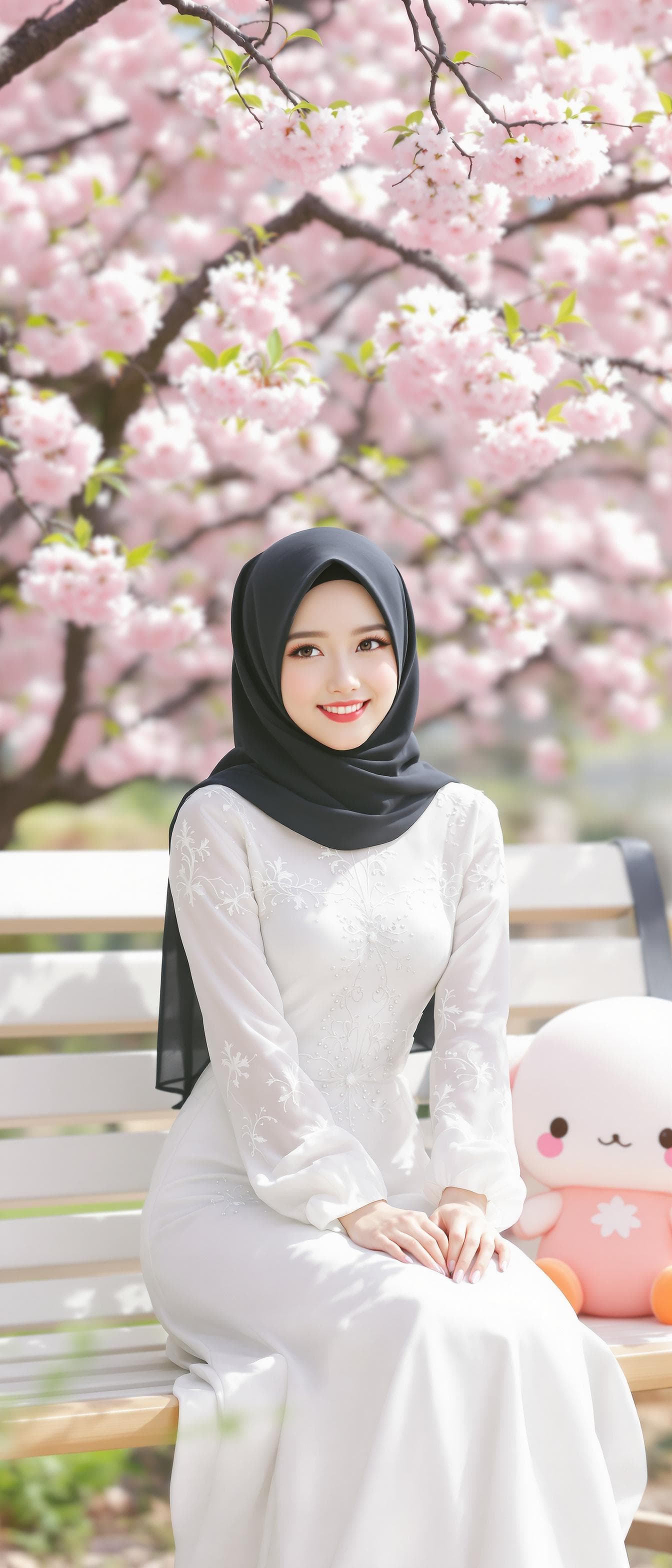 AI generated: 3D Render of a girl, outdoors, garden, cherry blossoms, sitting in a bench the arms on knee, black h...