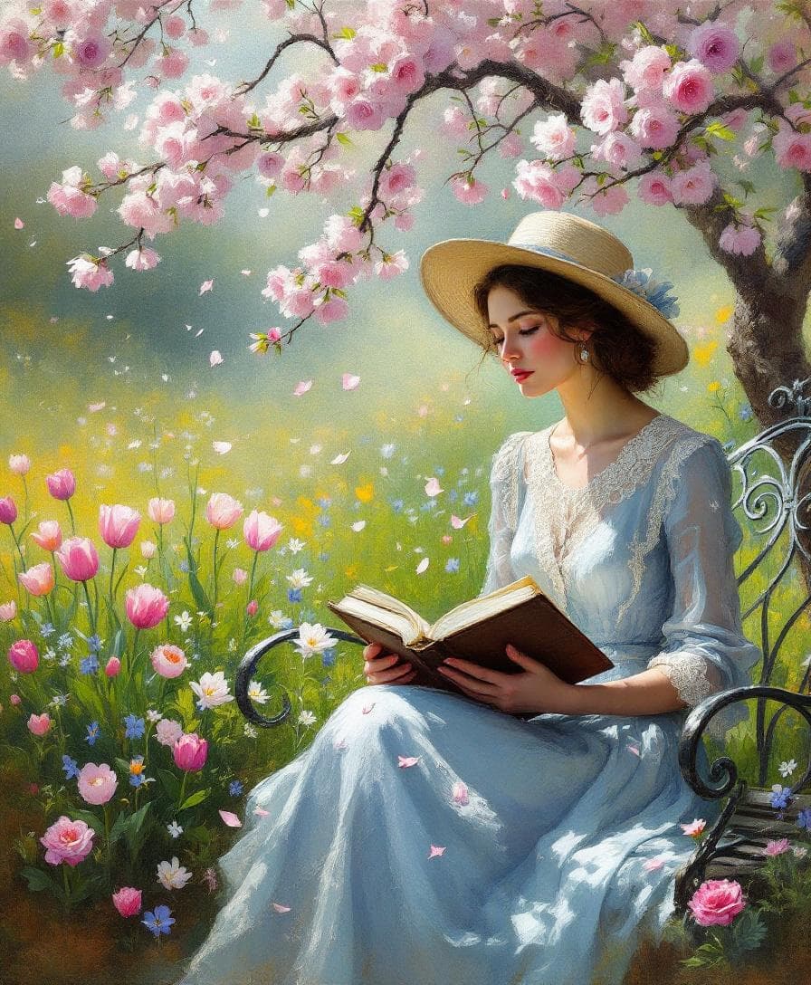 AI generated: An impressionist painting of a solitary woman seated beneath a blossoming cherry tree in a quiet spr...