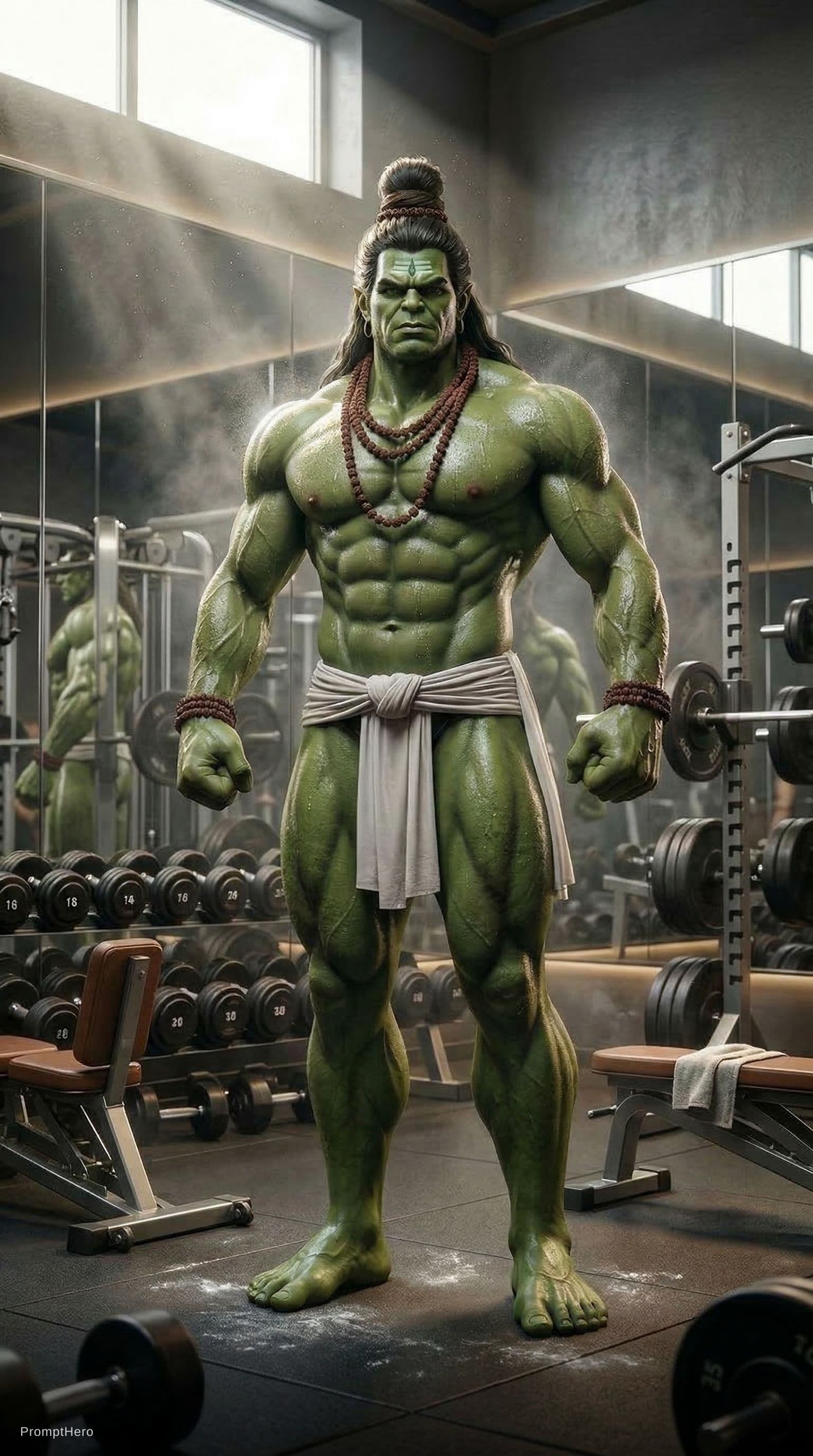 AI generated: Hulk but Lord Shiva, Indian mythology, one piece character, full body, tall lean muscular physique, ...