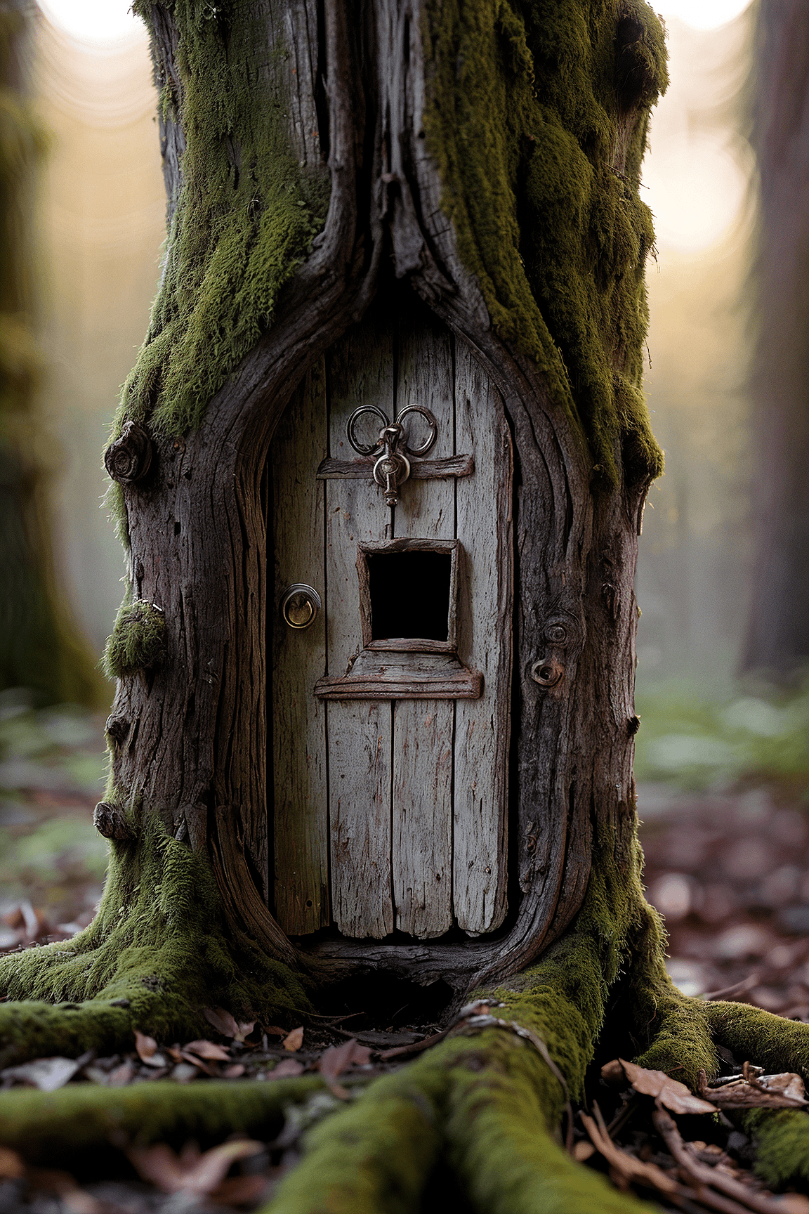 AI generated: professional macro photography, close-up shot of a tiny door in an old mossy tree trunk, dirty and w...