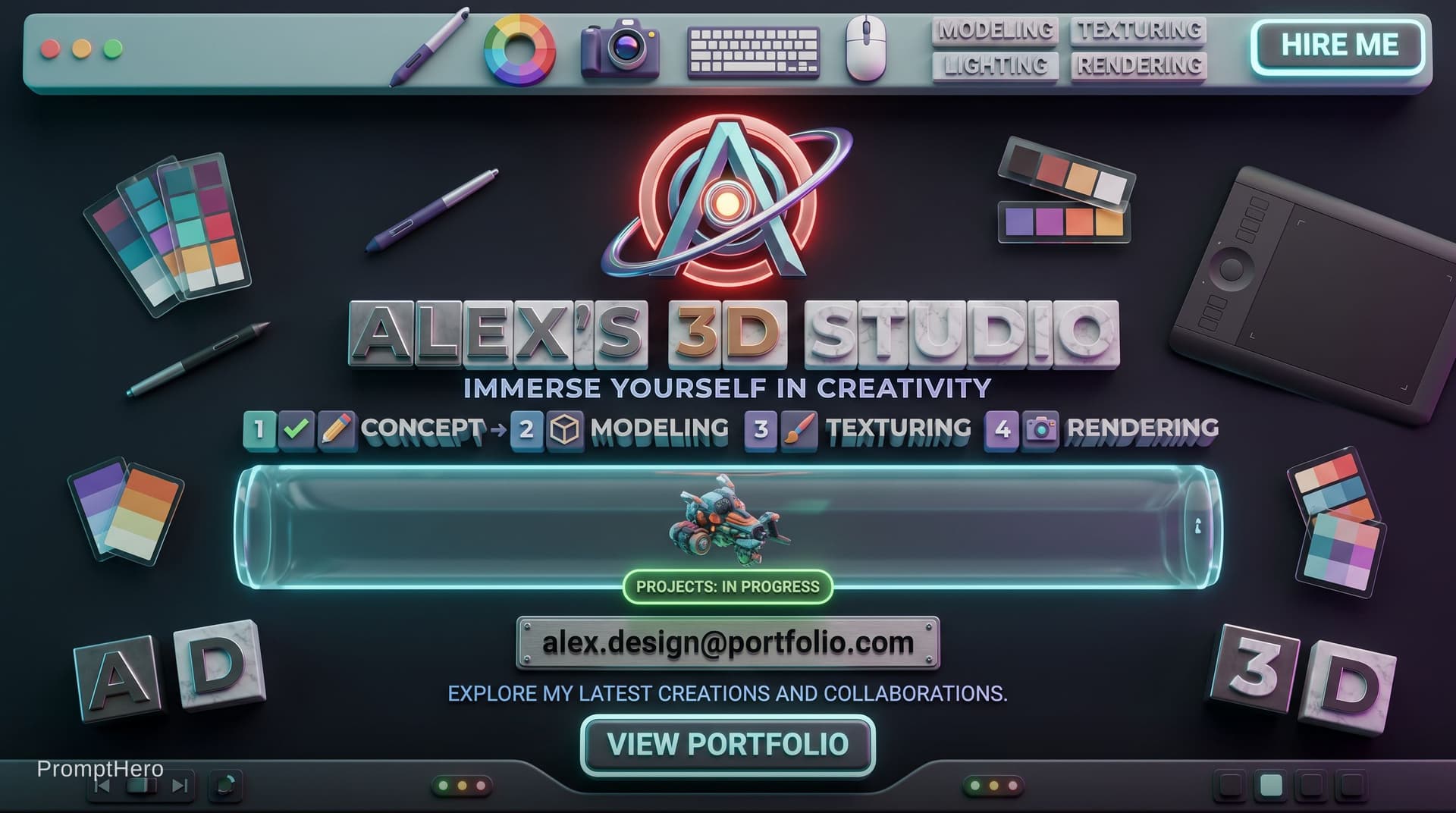 AI generated: 3D graphic designer landing page hero, creative workspace in 3D, floating color palettes, typography...