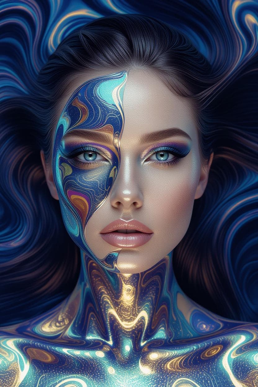 AI generated: Create a hyper-realistic, surreal portrait of a woman with an ethereal and otherworldly appearance. ...