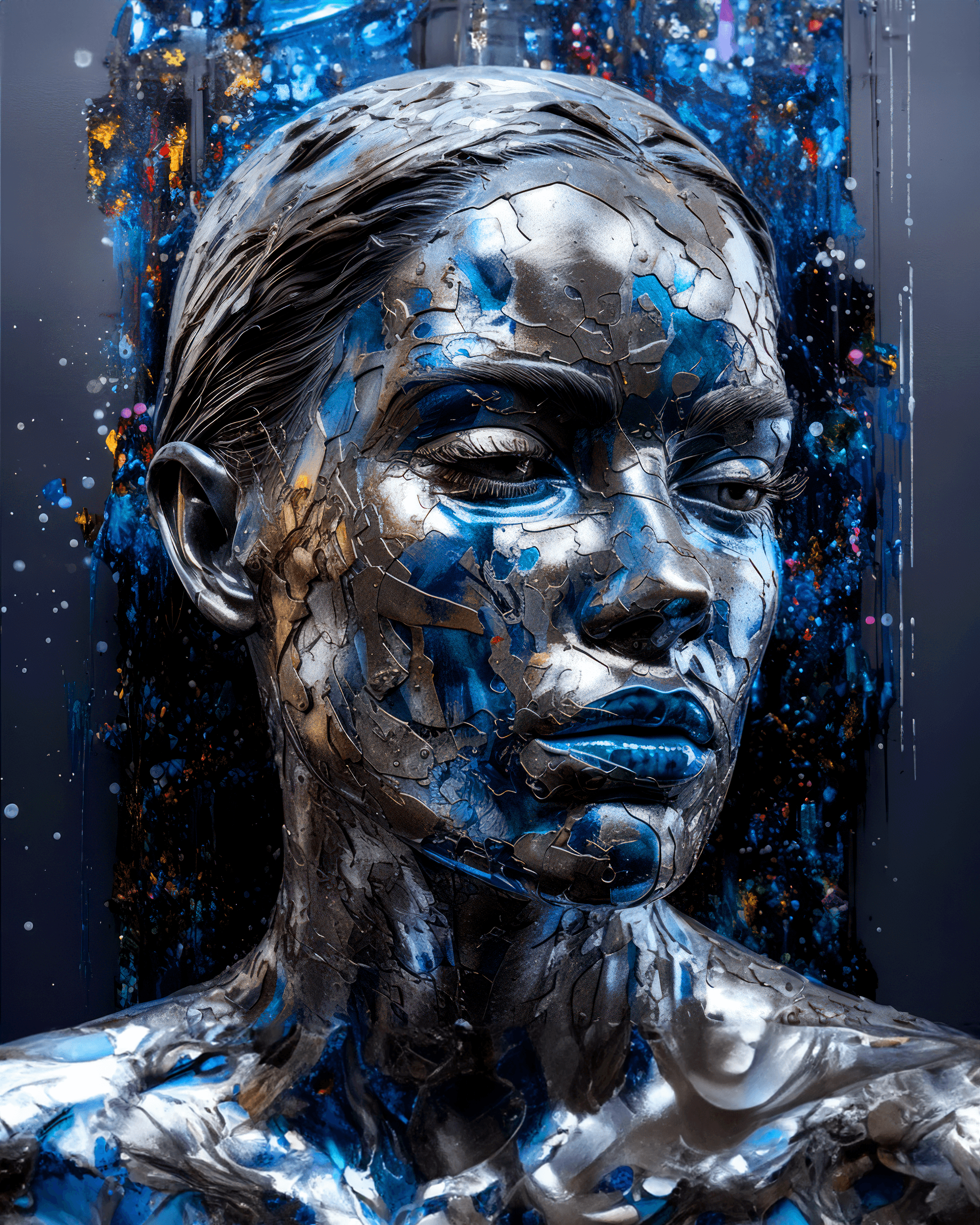 AI generated: acrylic glimmer of beauty cover art, in the style of glitch aesthetic, made of liquid metal, rituali...