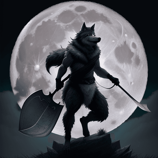 AI generated: a wolf wearing a blindfold over its eyes carrying a axe with a full moon behind him, hyper realistic...