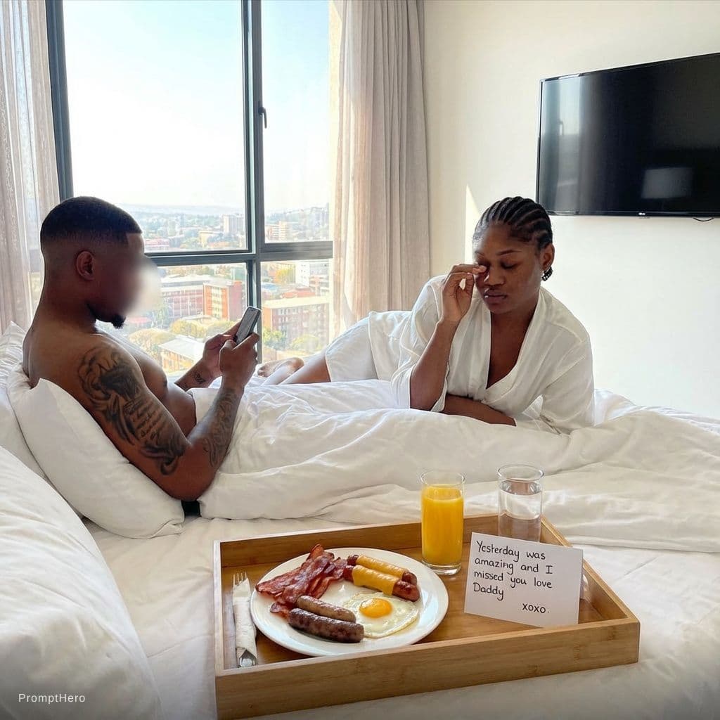 AI generated: It's morning now, make me in a bedroom with white sheets and in Pretoria Central but in a very beaut...