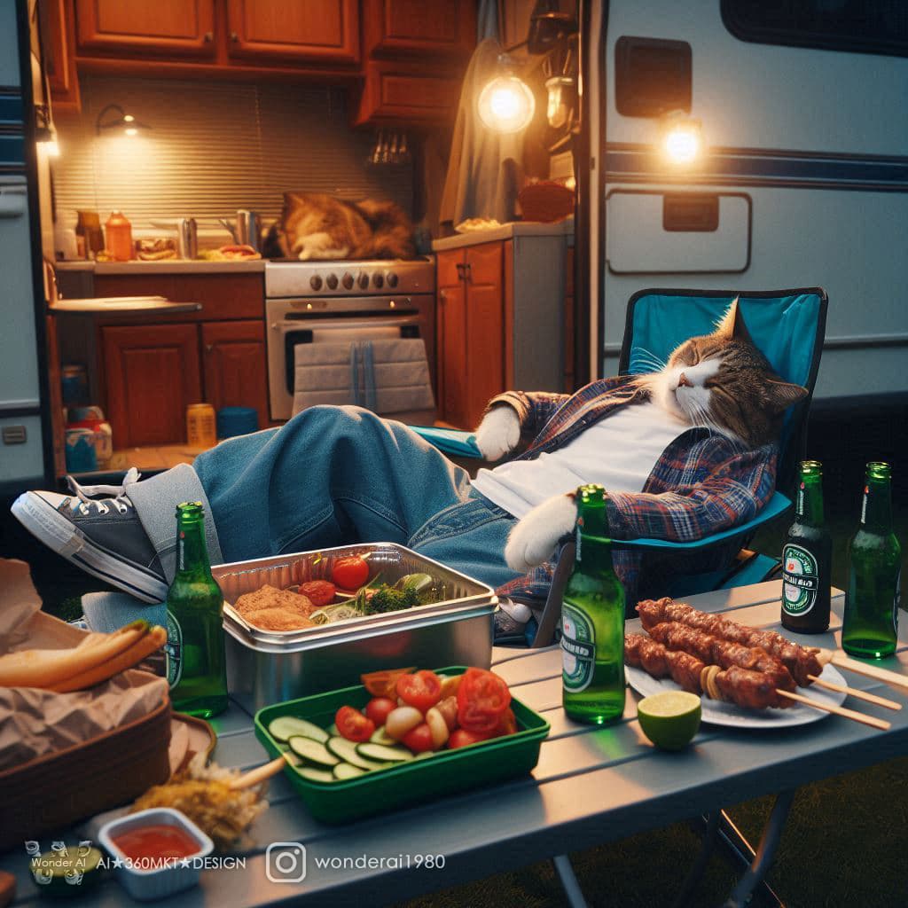 AI generated: Visually striking and dramatic scene, anthropomorphized real cats wearing casual style clothing, laz...