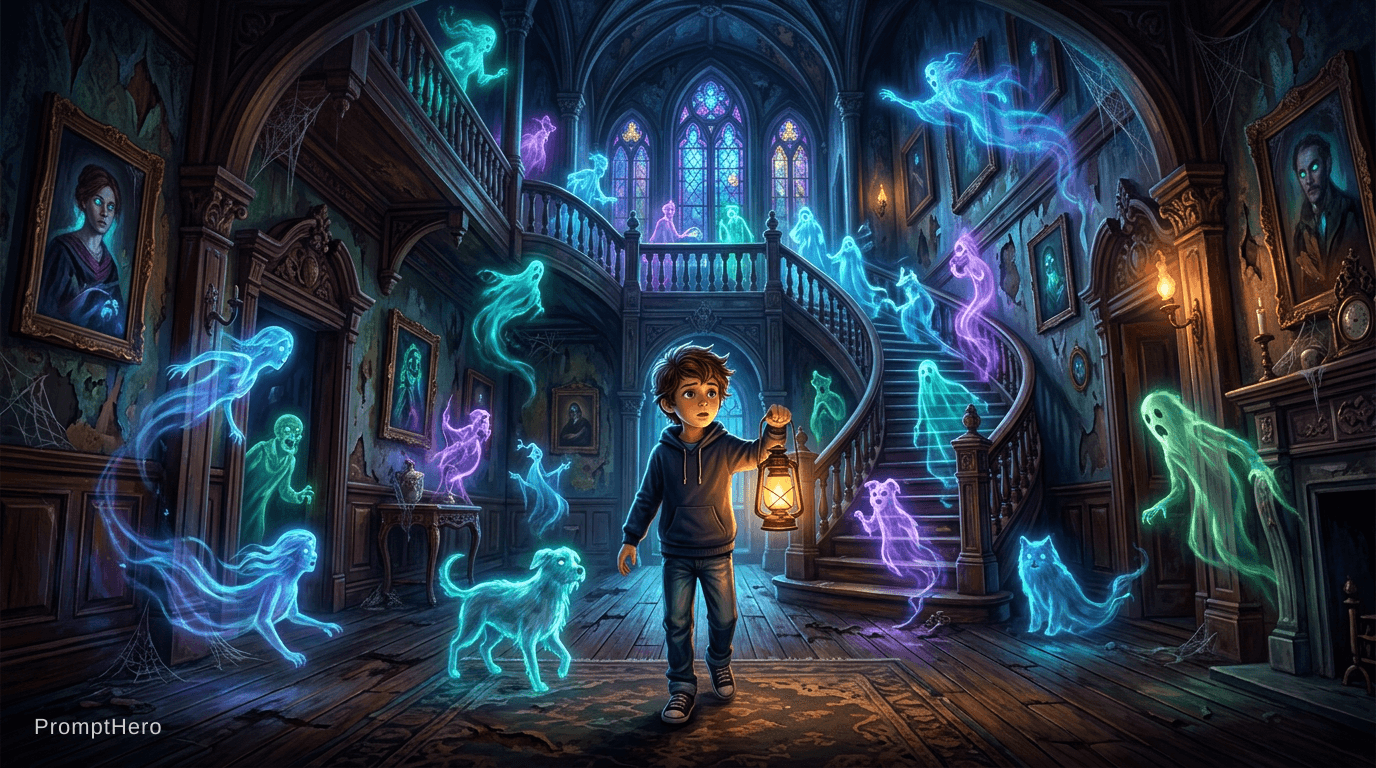 AI generated: Only boy in ghost house 