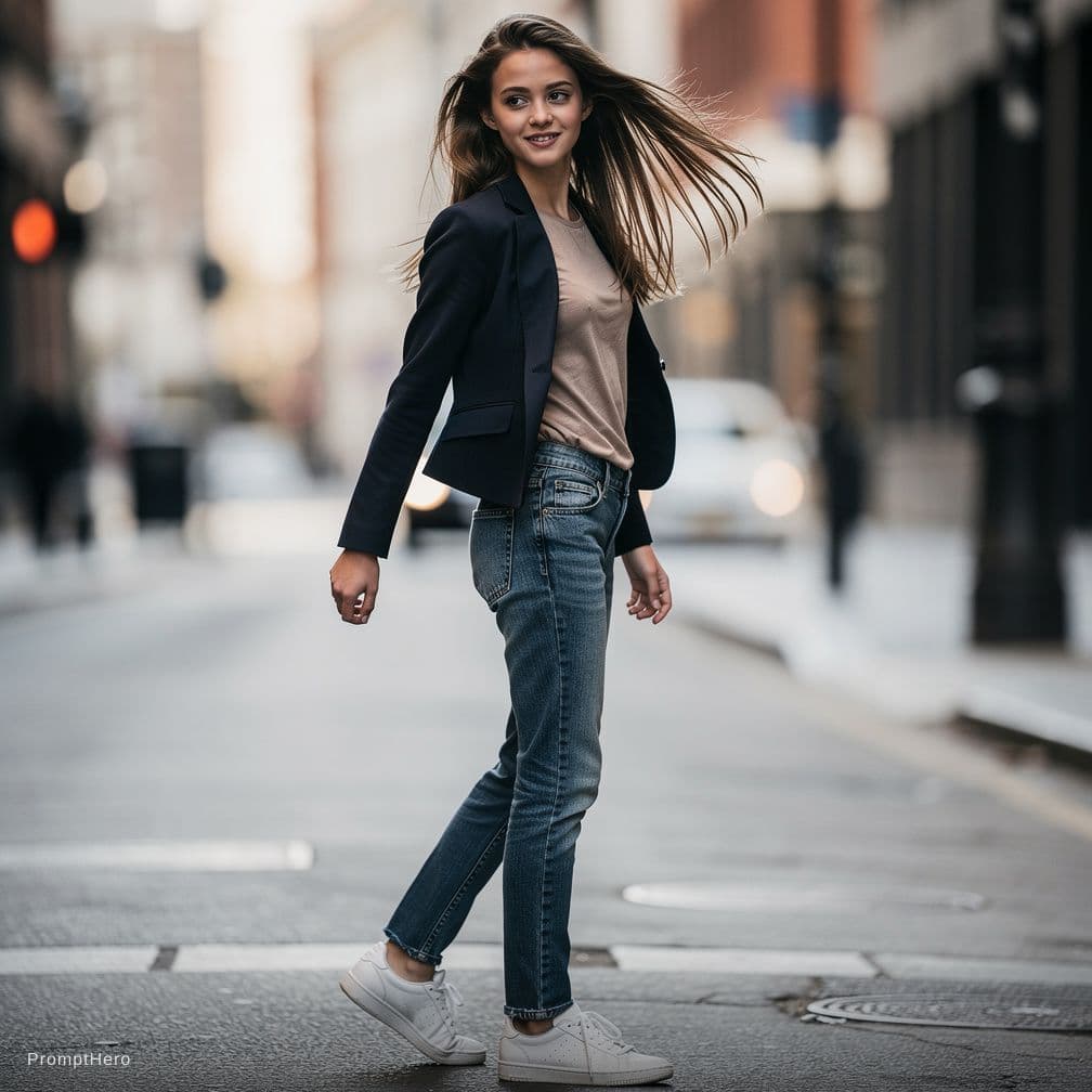 AI generated: Create this girl standing up and turns around in a sensual way while walking towards the camera 