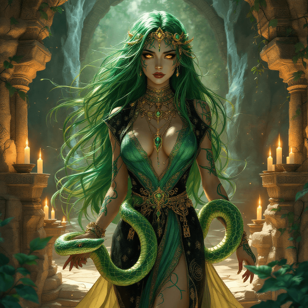 AI generated: The Serpent Priestess Geomancer: A powerful and hypnotic sorceress with long, flowing, emerald green...