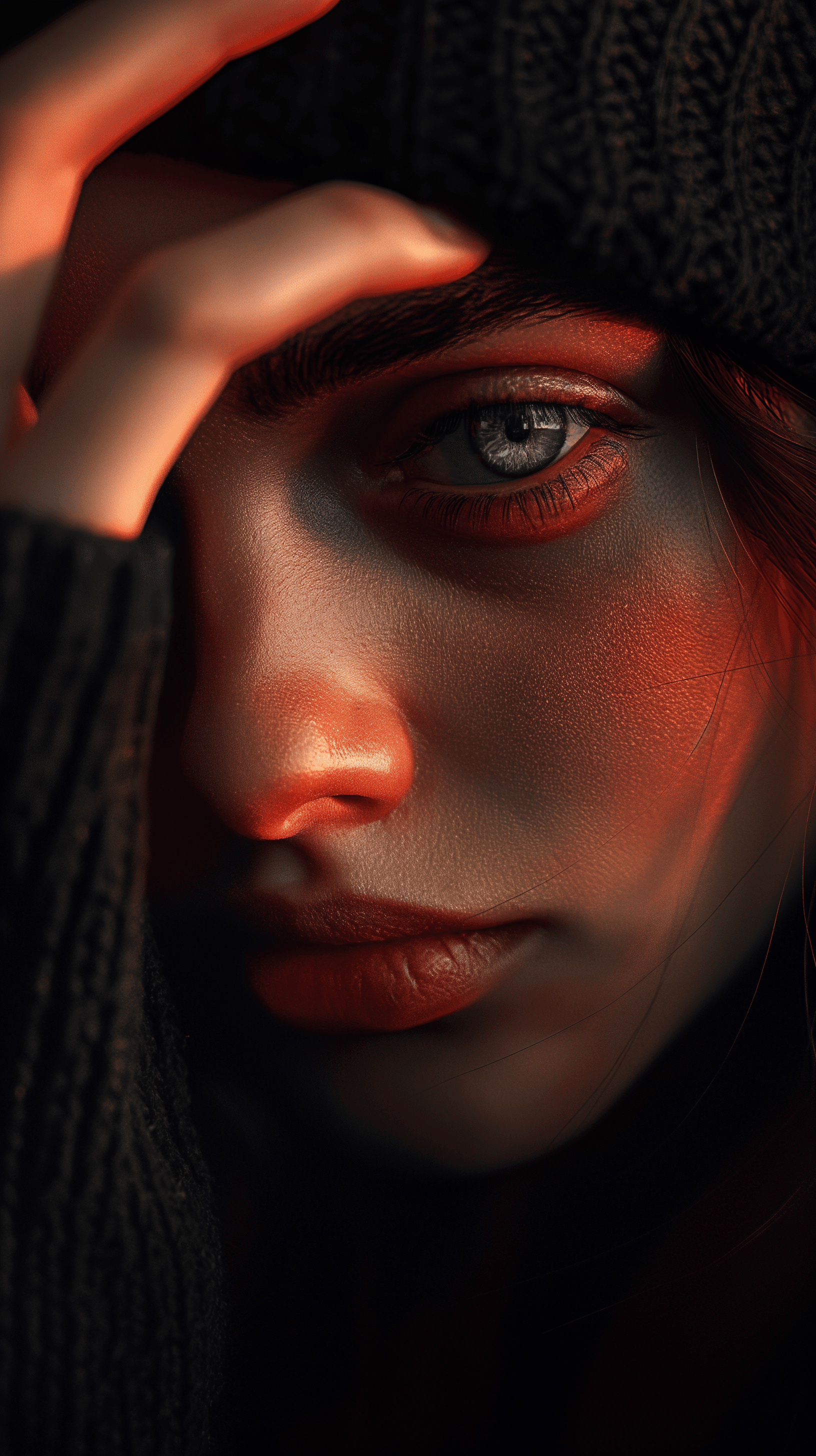 AI generated: image of a woman with a thoughtful expression, covering half of her face with her hand, pure red bac...