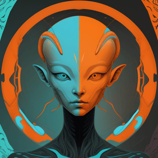 AI generated: alien art and illustration, in the style of balanced symmetry, light orange and cyan, detailed facia...