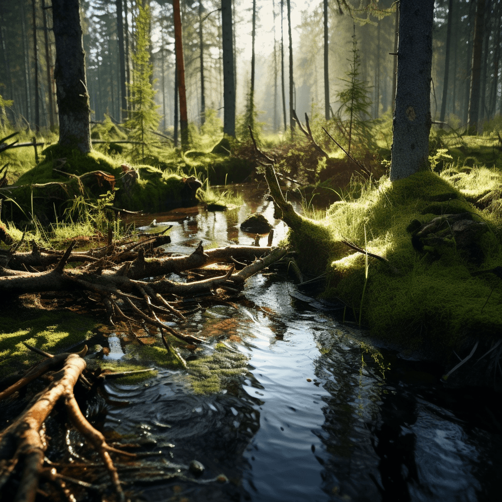 AI generated: A picture of green forest taken with sony a7m4 shows the Tyndall effect in the sun, sunny days, warm...