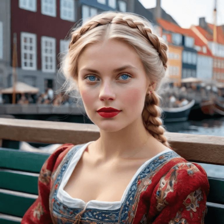 AI generated: Danish girl in Nyhavn, Copenenhagen