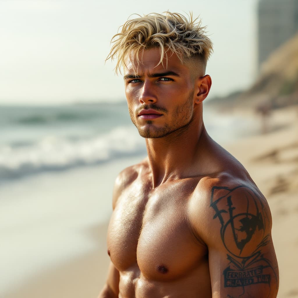 AI generated: Generate me hot male model with blonde fade hair. on beach 