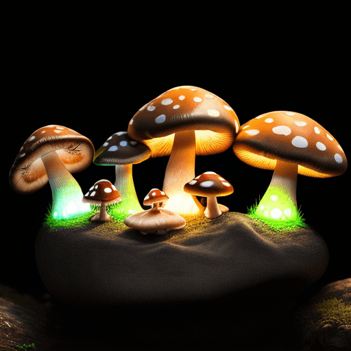 AI generated: 5 some mushrooms growing on a rock and glowing.
