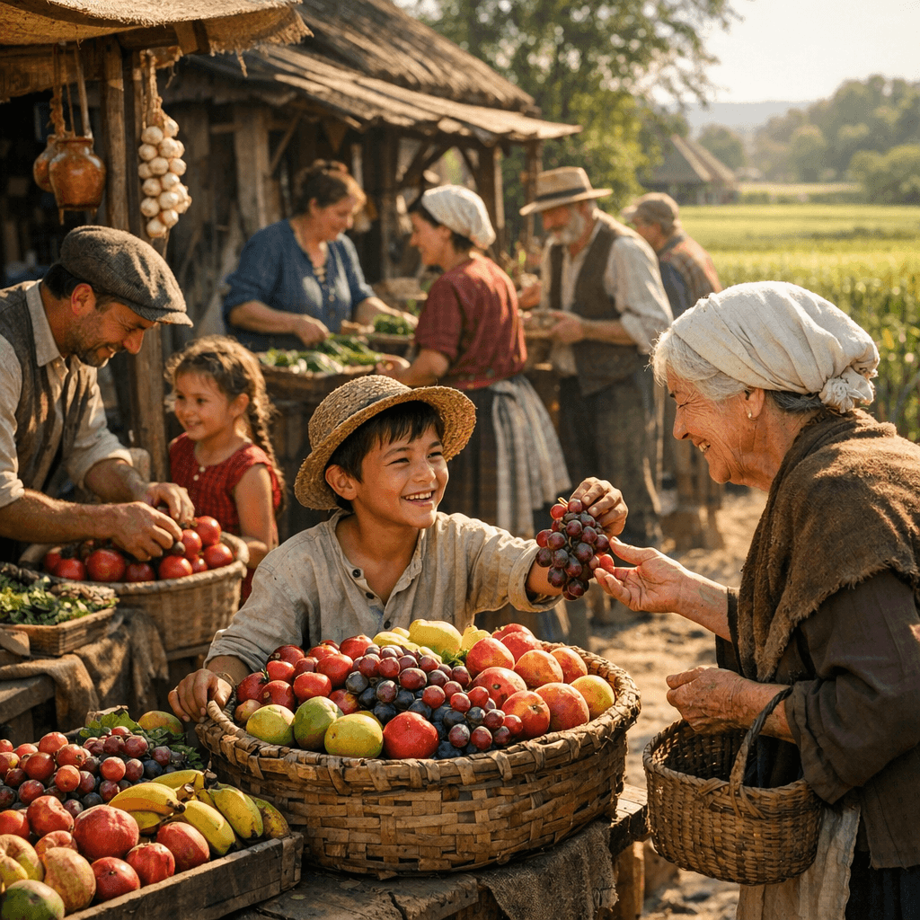AI generated: Tiny village market set beside green fields, wooden stalls, boy selling fruits from basket, villager...