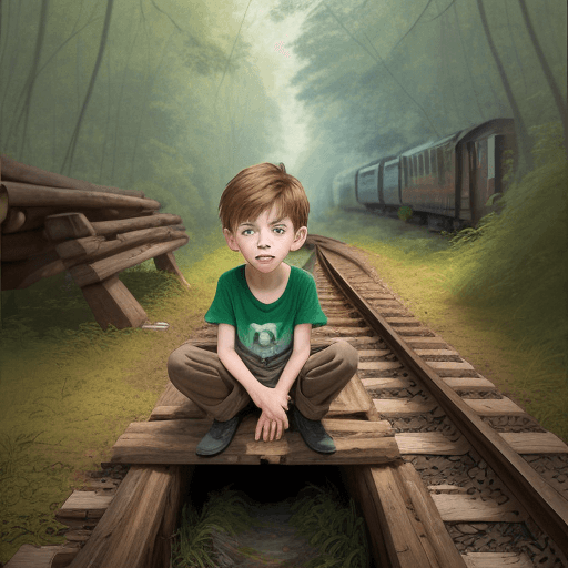 AI generated: Draw a young boy sitting on a rotten wooden log, with a sad expression on his face. He is beside a t...