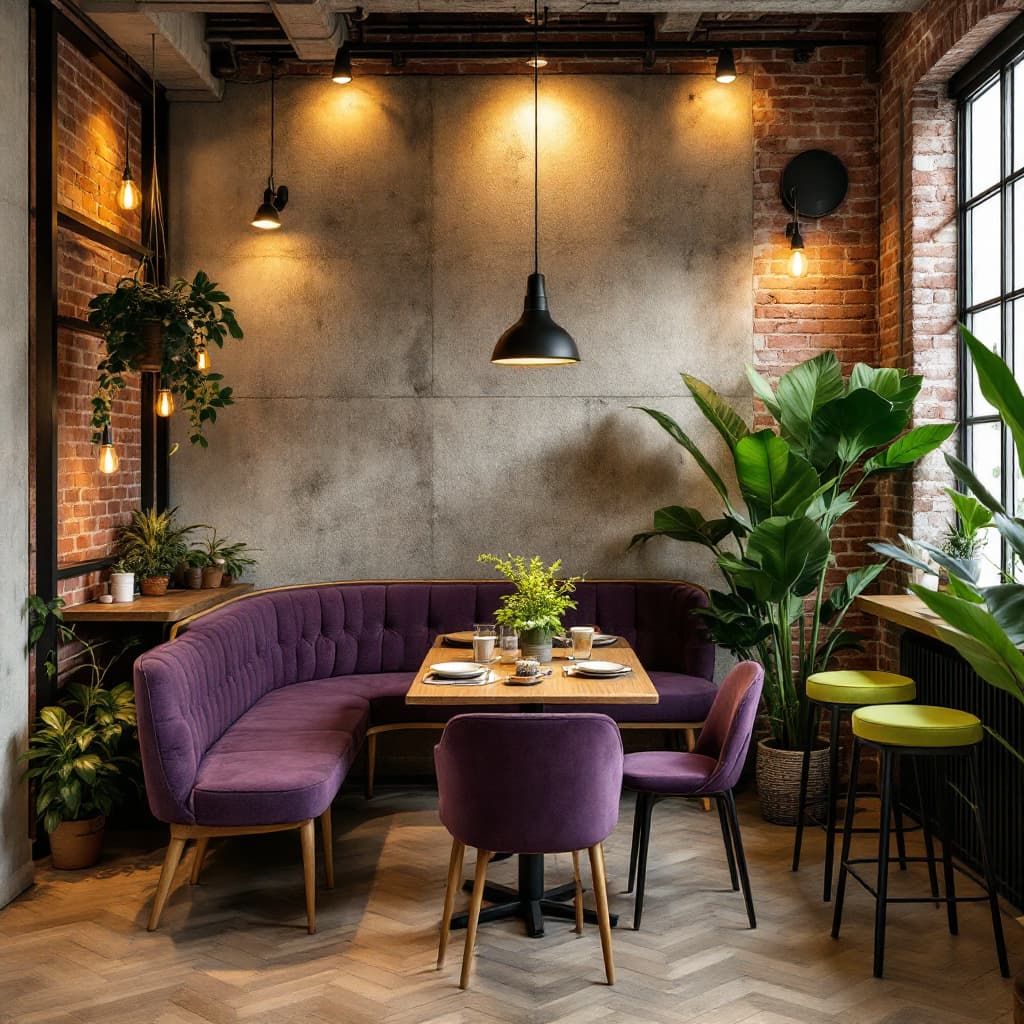 AI generated: A small cozy café with a contemporary Brazilian style, exposed brick walls and cement details. Soft ...