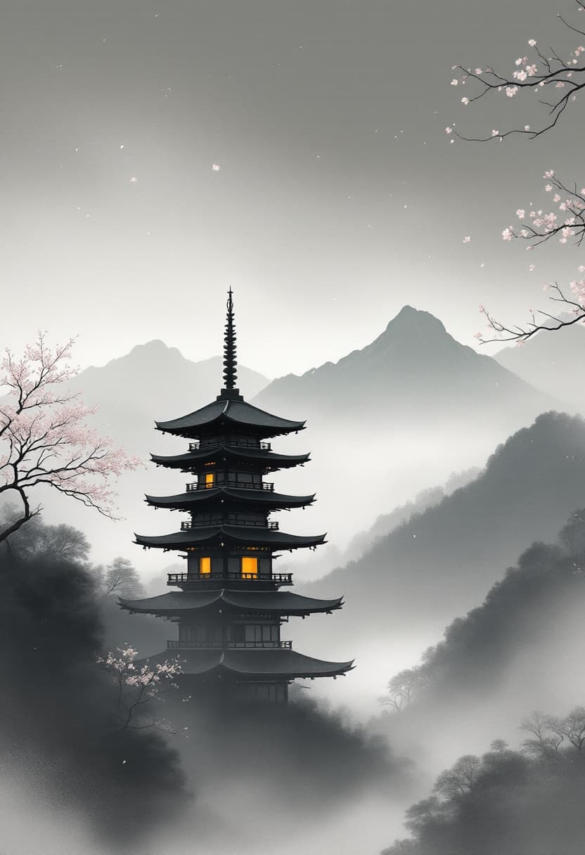 AI generated: Traditional Japanese pagoda in a foggy, ink wash-inspired landscape. Use a muted monochrome palette ...