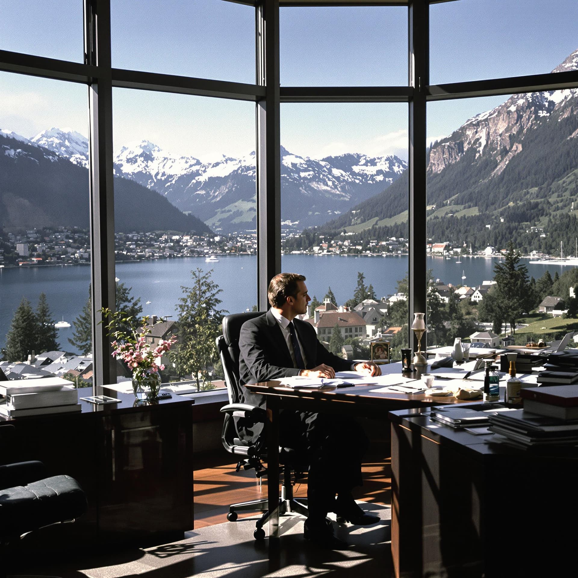 AI generated: An office of a Swiss executive in the early eighties, sitting at his desk with large windows overloo...