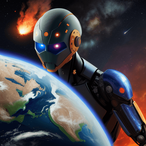 AI generated: An humanoid protecting the Earth from a fire Meteor