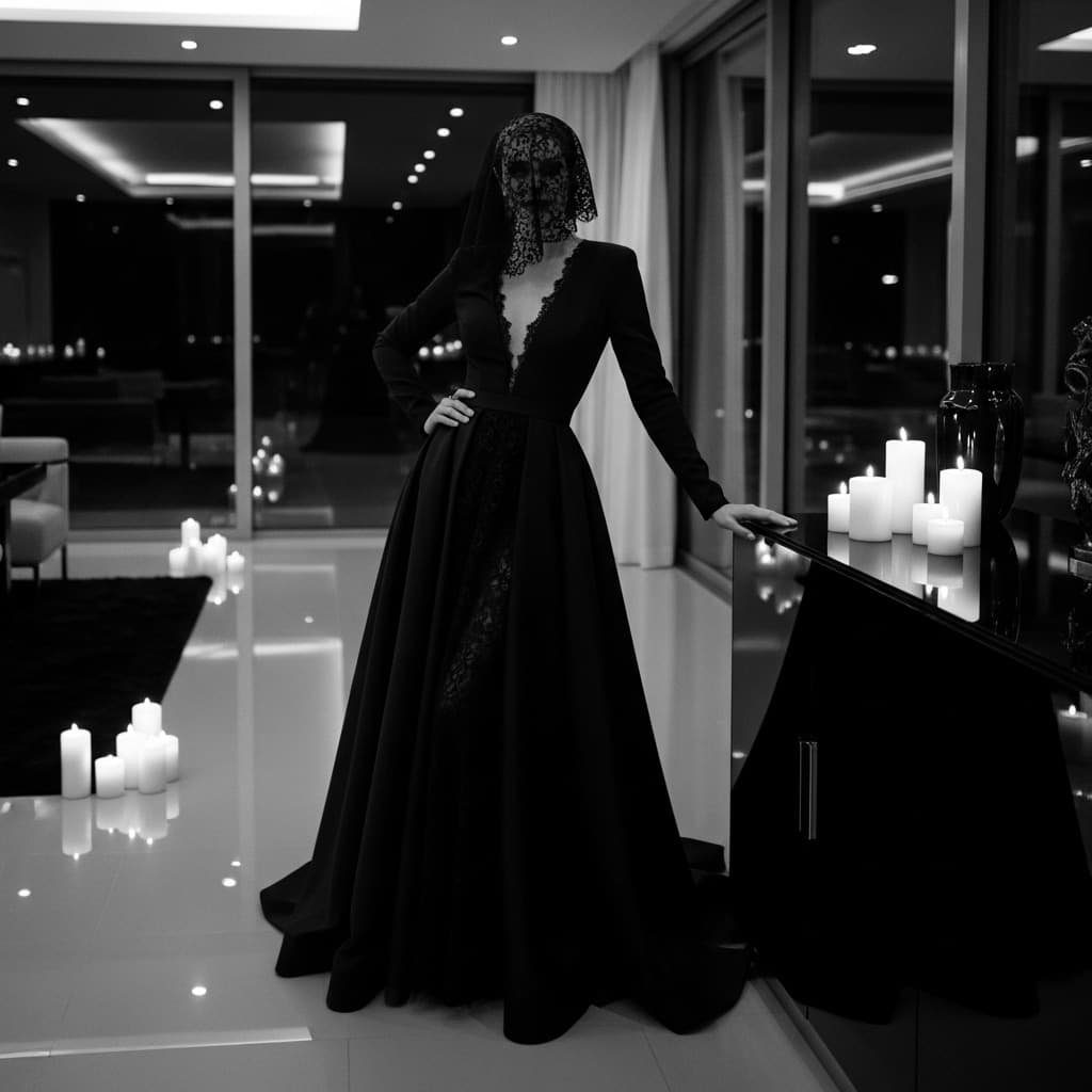 AI generated: “A stunning elegant woman dressed for a luxurious Halloween soirée, wearing a sophisticated couture ...