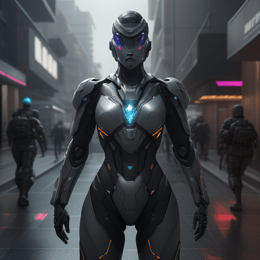 AI generated: Futuristic soldier with hi-tech armor and weaponry, holograms navigations, street, overcast, reflect...