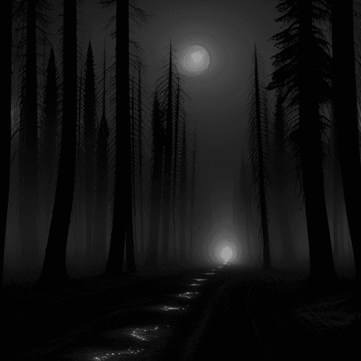 AI generated:  A dirt road in the middle of huge dead trees on a thick foggy night, illuminated by the moonlight, ...