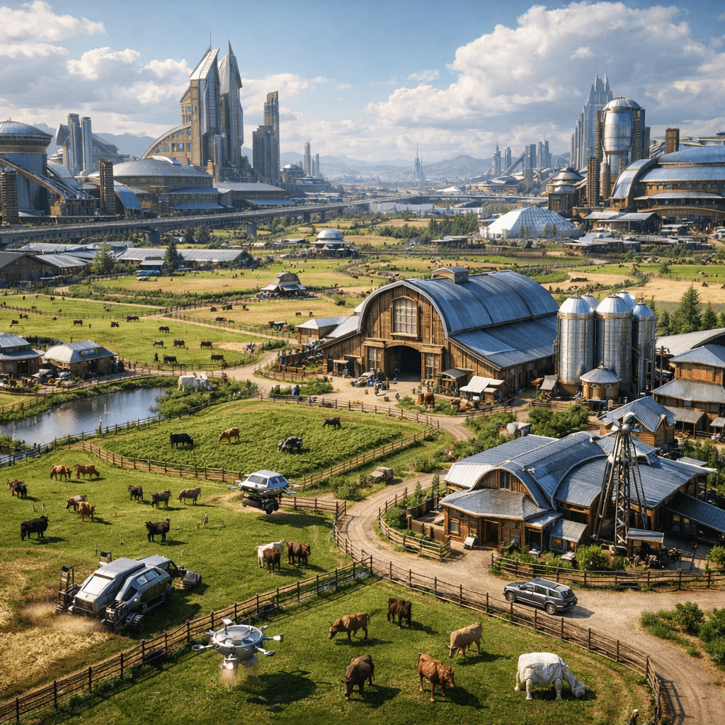 AI generated: Display an aerial view of a sleek, futuristic Old American Western Farming City, a reminder of the G...