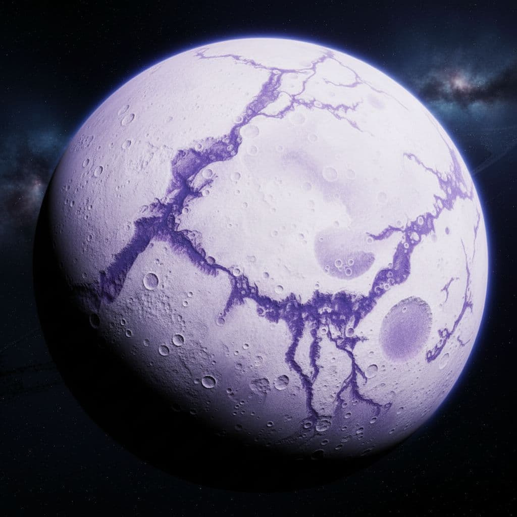 AI generated: a Purple Planet with lots of canyons and deserts of white sand