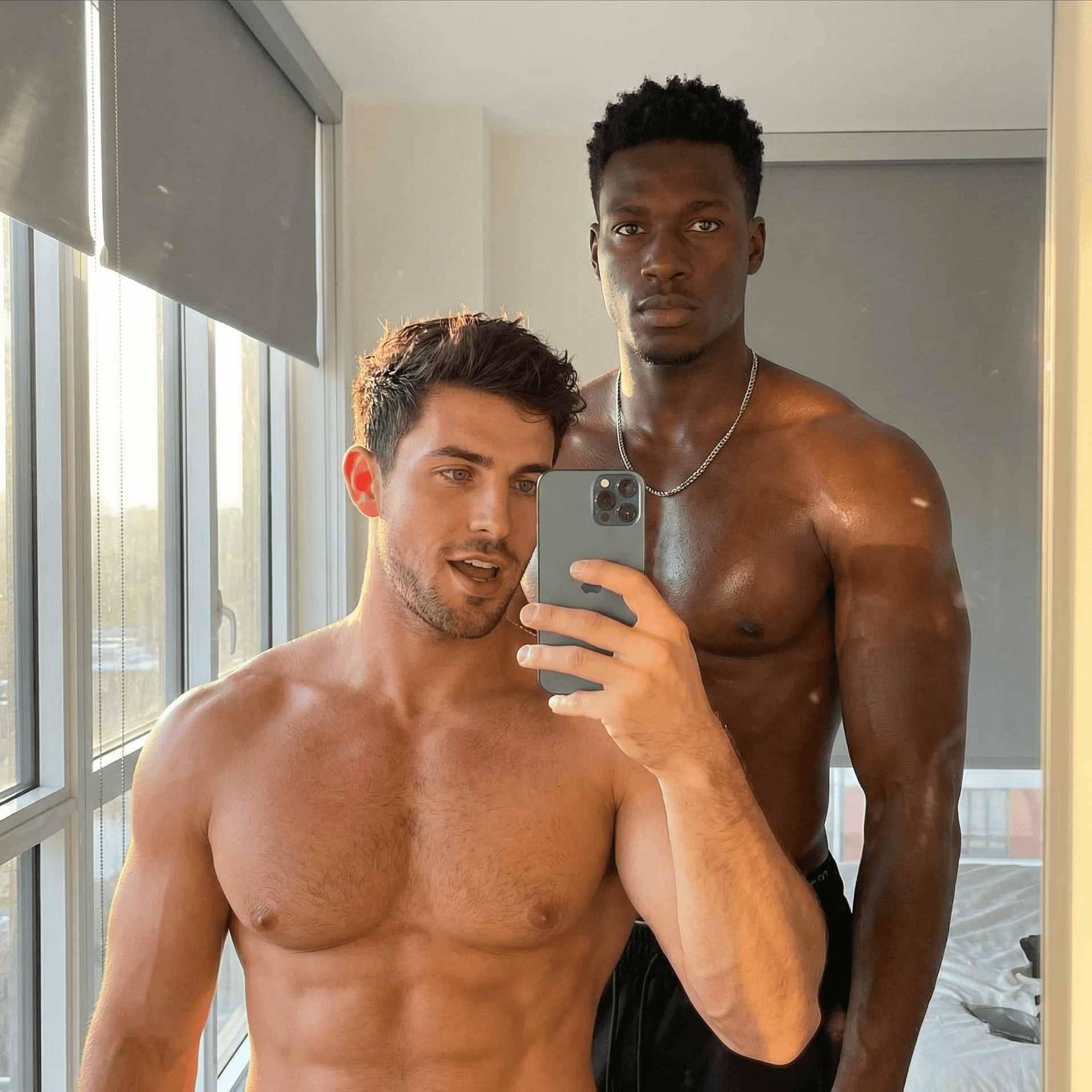 AI generated: "Hyper-realistic intimate mirror selfie photograph or video still of two extremely attractive, shirt...