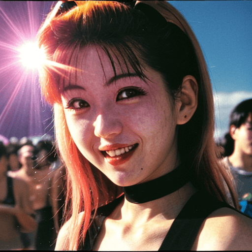 AI generated: early techno rave music inspired, 90s manga aesthetic, expressive face, sun flares on her happy part...