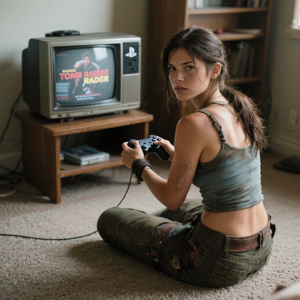 AI generated: lara croft sitting on the floor playing tomb raider on an old tv using playstation controller, looki...