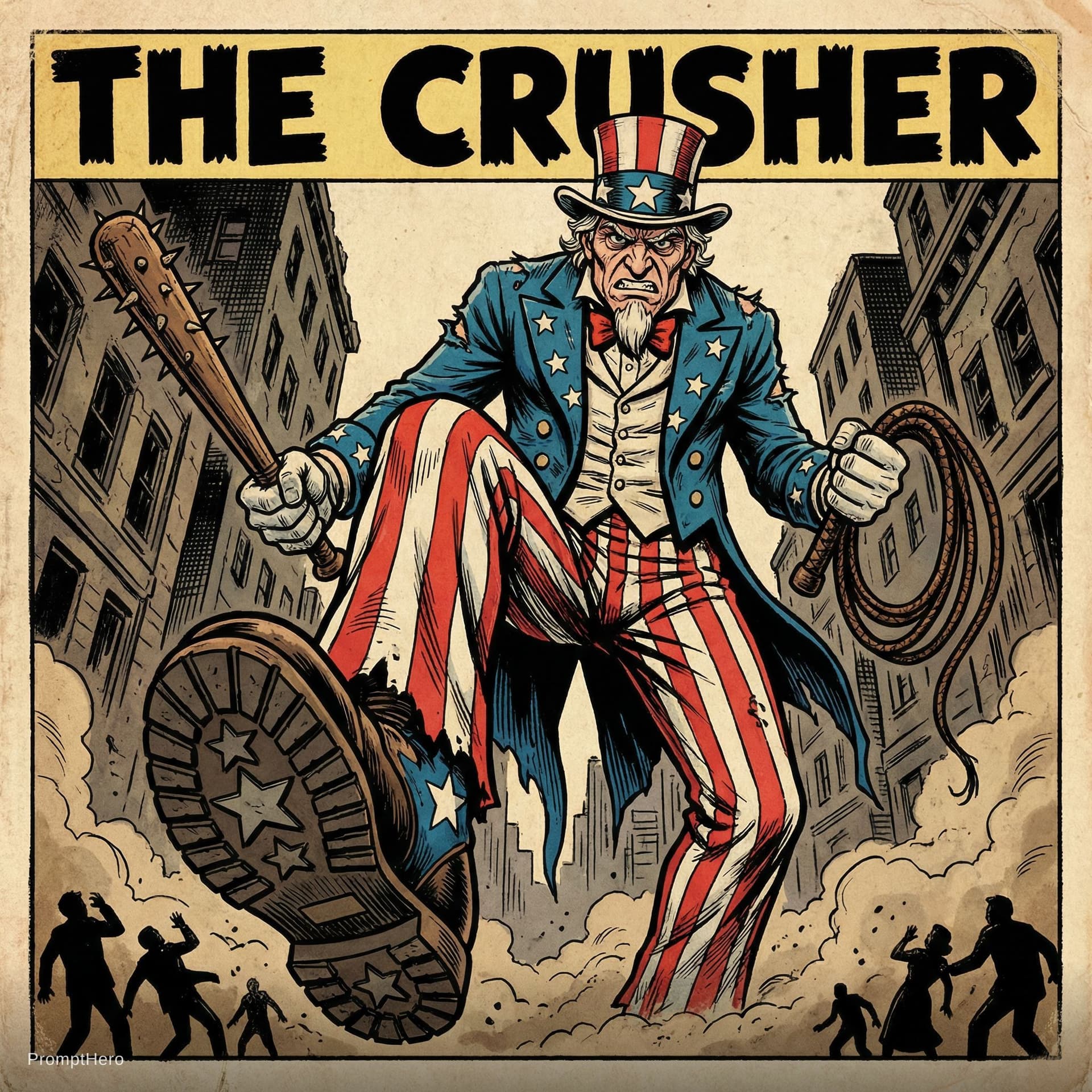 AI generated: Comic-style illustration. Color comic, line art. Uncle Sam stands in a menacing pose, looking down f...